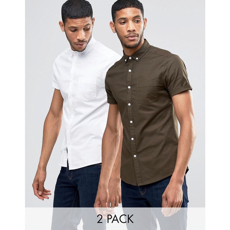 ASOS Casual Skinny Oxford 2 Pack In White And Khaki SAVE 16 - Mehrfarbig