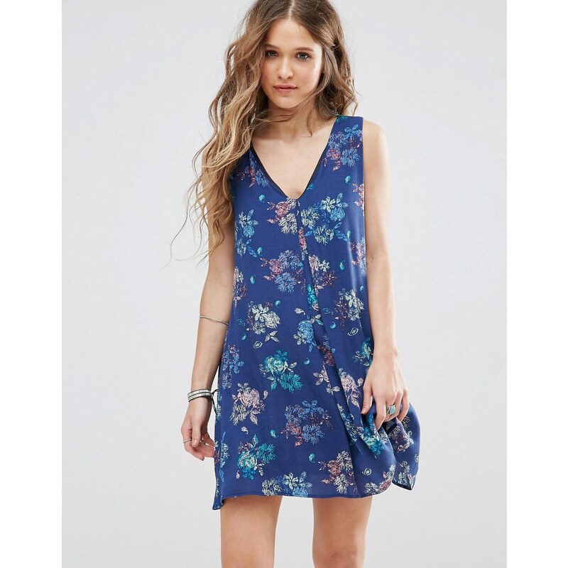 Honey Punch - Ausgestelltes Kleid mit Rückenausschnitt, V-Ausschnitt und Blumenmuster - Blau