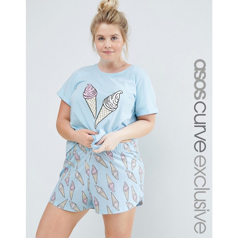 ASOS CURVE - Pyjama-Set mit T-Shirt und Shorts mit Eiscreme-Print - Mehrfarbig