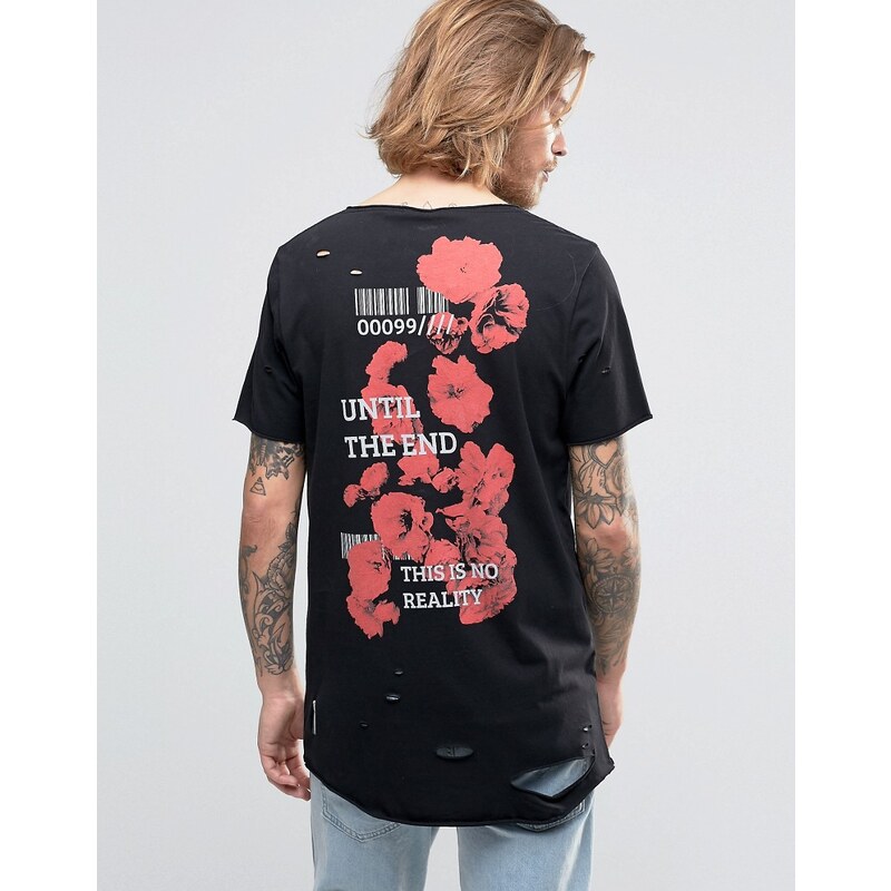 ASOS - Superlanges T-Shirt im Distressed-Look mit Blumen-Print hinten - Schwarz