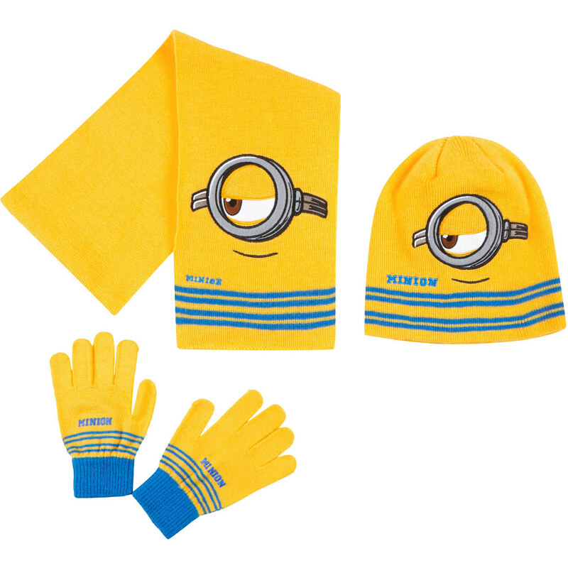 Minions 3 tlg Set bestehend aus: Schal, Mütze und Handschuhe gelb in Größe 52 für Jungen aus 100% Polyacryl