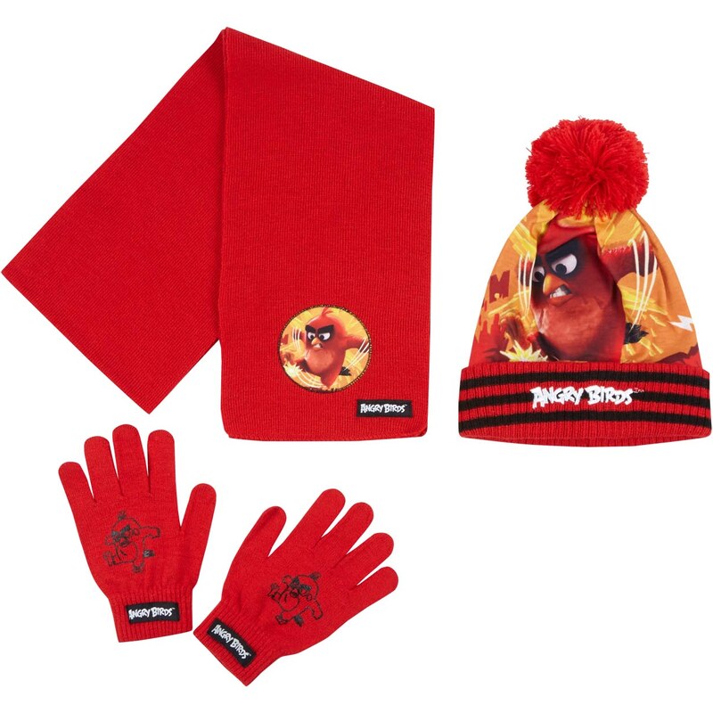 Angry Birds 3 tlg Set bestehend aus: Schal, Mütze und Handschuhe rot in Größe 52 für Jungen aus 100% Polyacryl