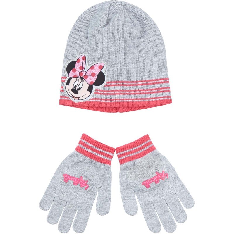 Disney Minnie 2 tlg Set bestehend aus: Mütze und Handschuhe grau in Größe 52 für Mädchen aus 100% Polyacryl