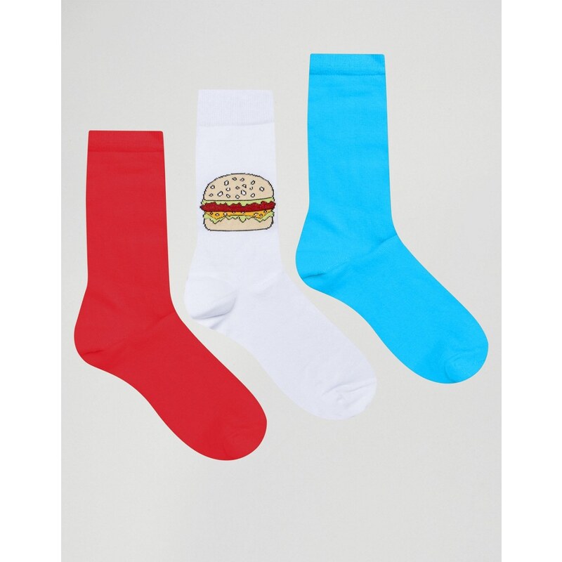 ASOS - Socken mit Hamburger-Design im 3er-Set - Mehrfarbig