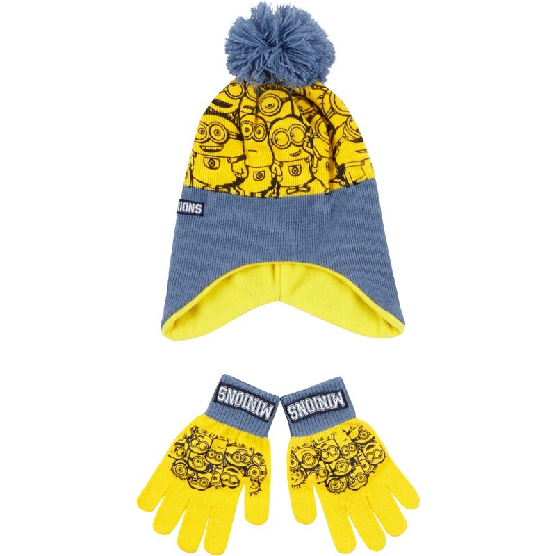 Minions 2 tlg Set bestehend aus: Mütze und Handschuhe gelb in Größe 52 für Jungen aus 100% Polyacryl