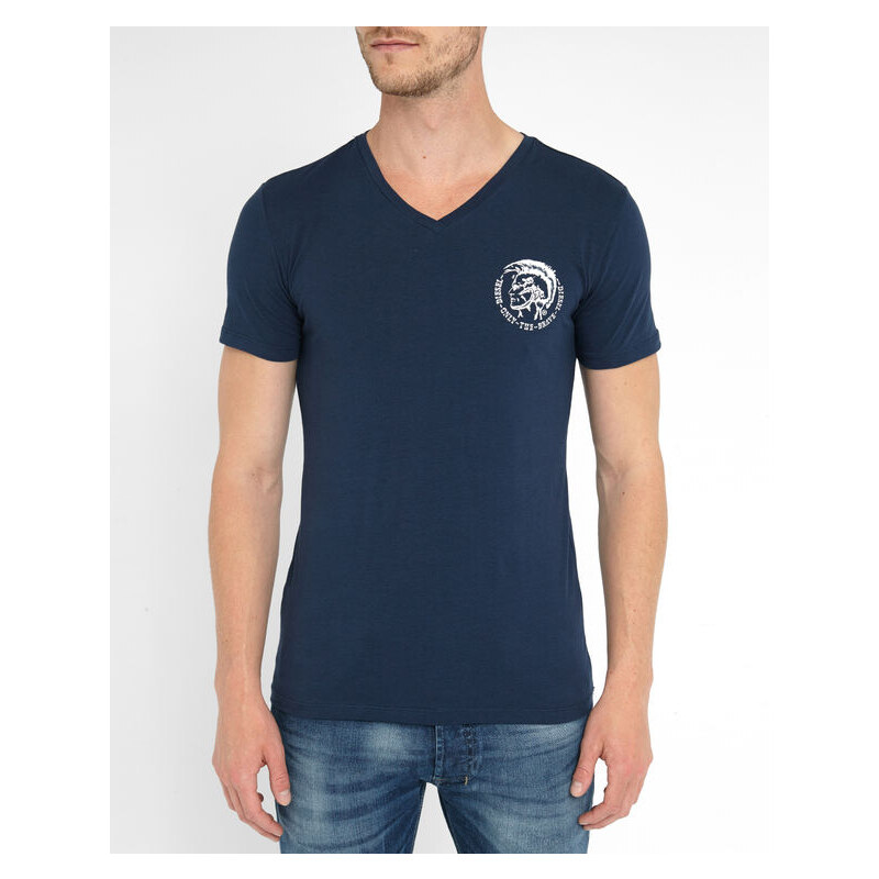 DIESEL Marineblaues T-Shirt mit V-Ausschnitt und Indianerkopf-Motiv Michael