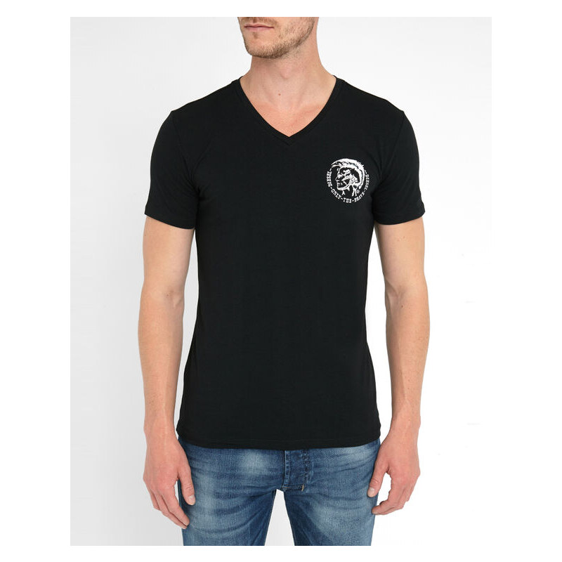 DIESEL Schwarzes T-Shirt mit V-Ausschnitt und Indianerkopf-Motiv Michael