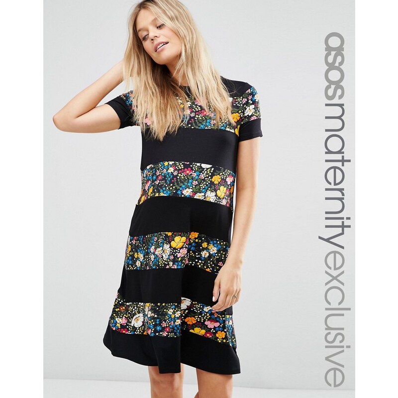 ASOS Maternity - T-Shirt-Kleid mit geblümten Streifen - Mehrfarbig