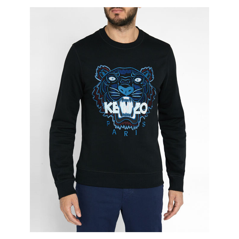 KENZO Schwarzes Sweatshirt mit Rundhalsausschnitt und aufgesticktem Tiger