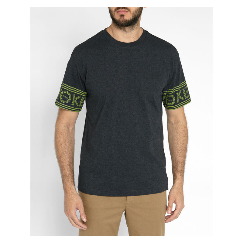 Dunkelgraues T-Shirt mit Rundhalsausschnitt und Kenzo Paris-Logo am Ärmel