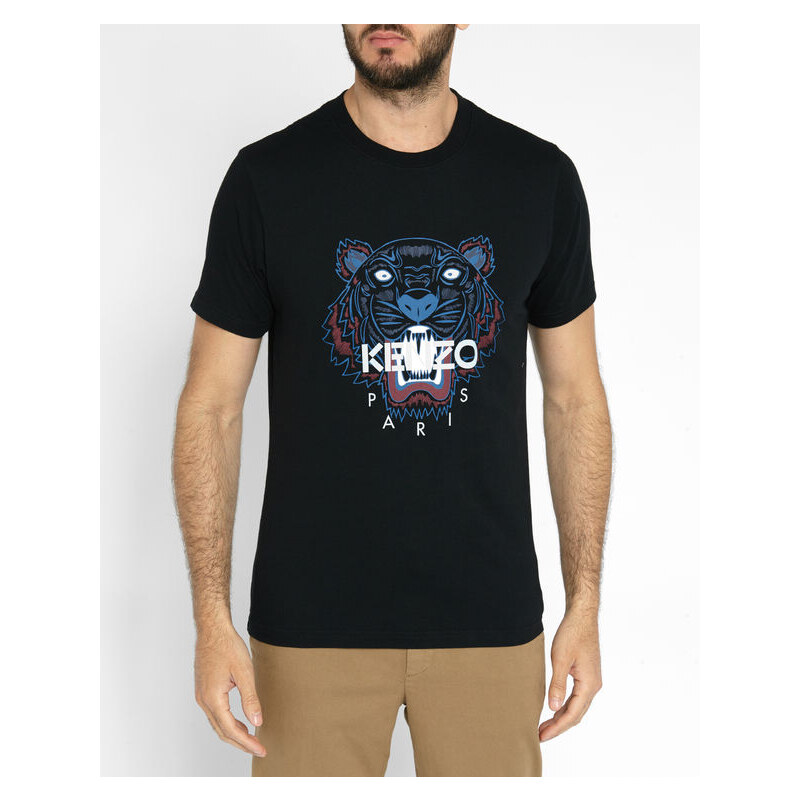 KENZO Schwarzes T-Shirt mit Rundhalsausschnitt und aufgesticktem Tigermotiv
