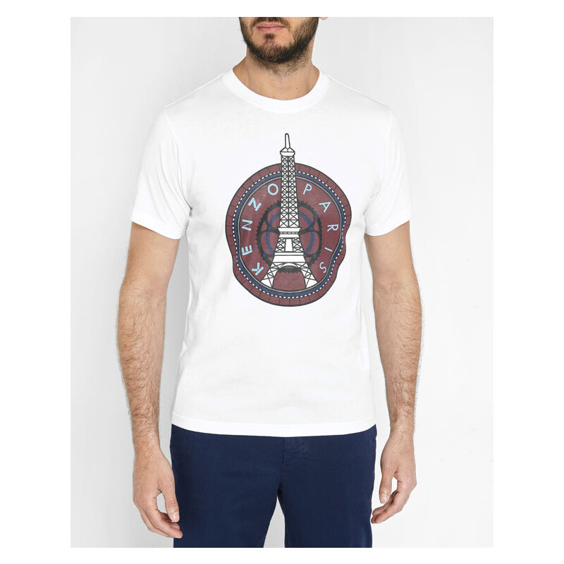 KENZO Weißes T-Shirt mit Rundhalsausschnitt und Eiffelturm-Brustlogo