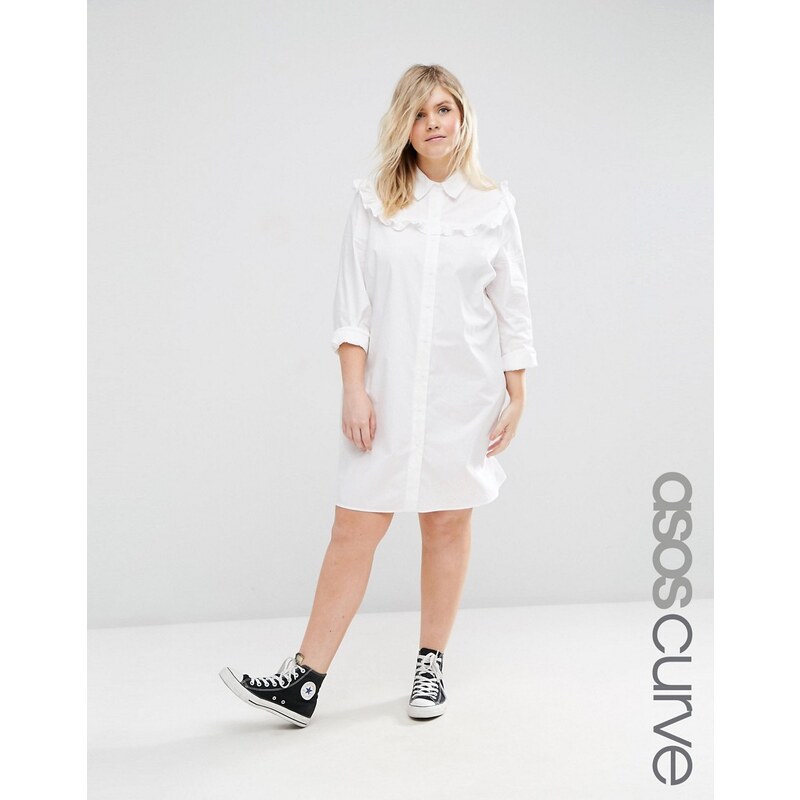 ASOS CURVE - Hemdkleid aus Baumwolle mit Rüschenbesatz - Weiß