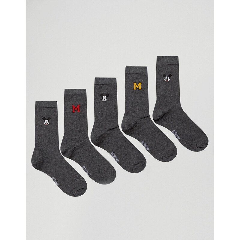 ASOS - Socken mit Mickey Mouse-Stickerei im 5er-Set - Grau