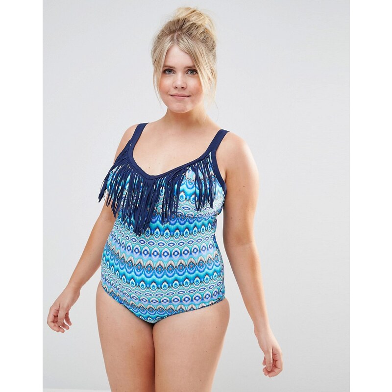Costa Del Sol Plus Size Printed Swimsuit with Tassels - Blau