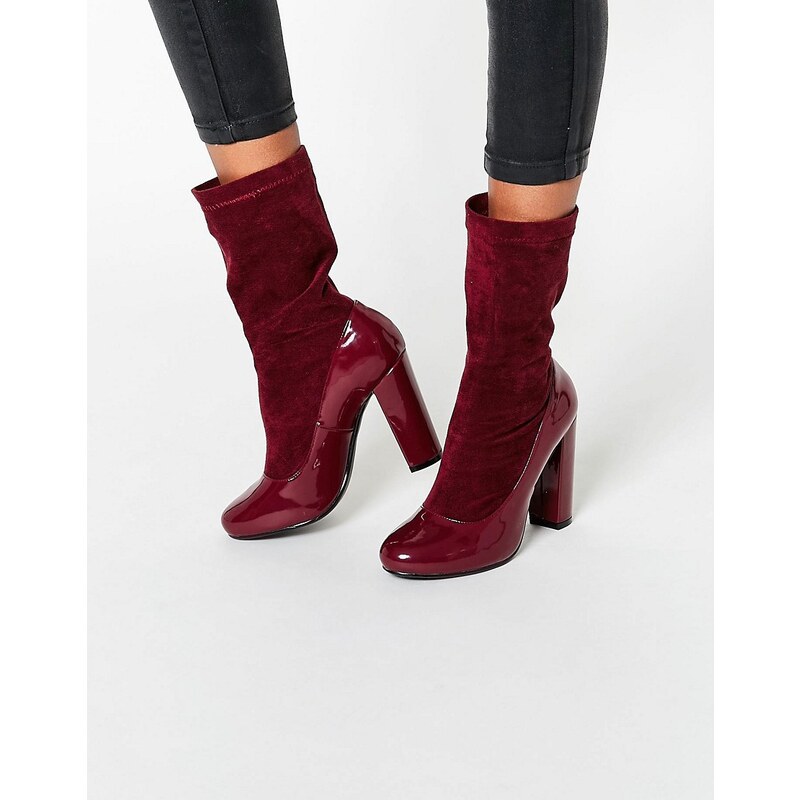 Daisy Street - Burgunderrote Socken-Ankle-Boots aus Lackleder mit Absatz - Rot
