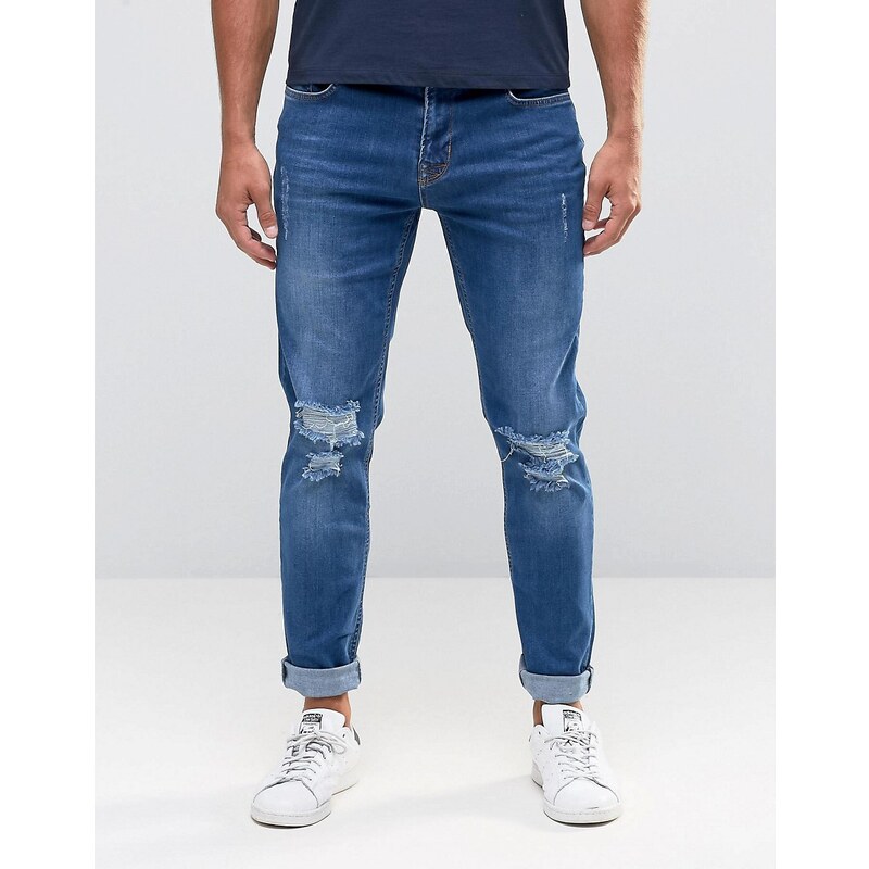 Hoxton Denim Hoxton - Enge Jeans in mittlerer Waschung mit Rissen an den Knien - Blau