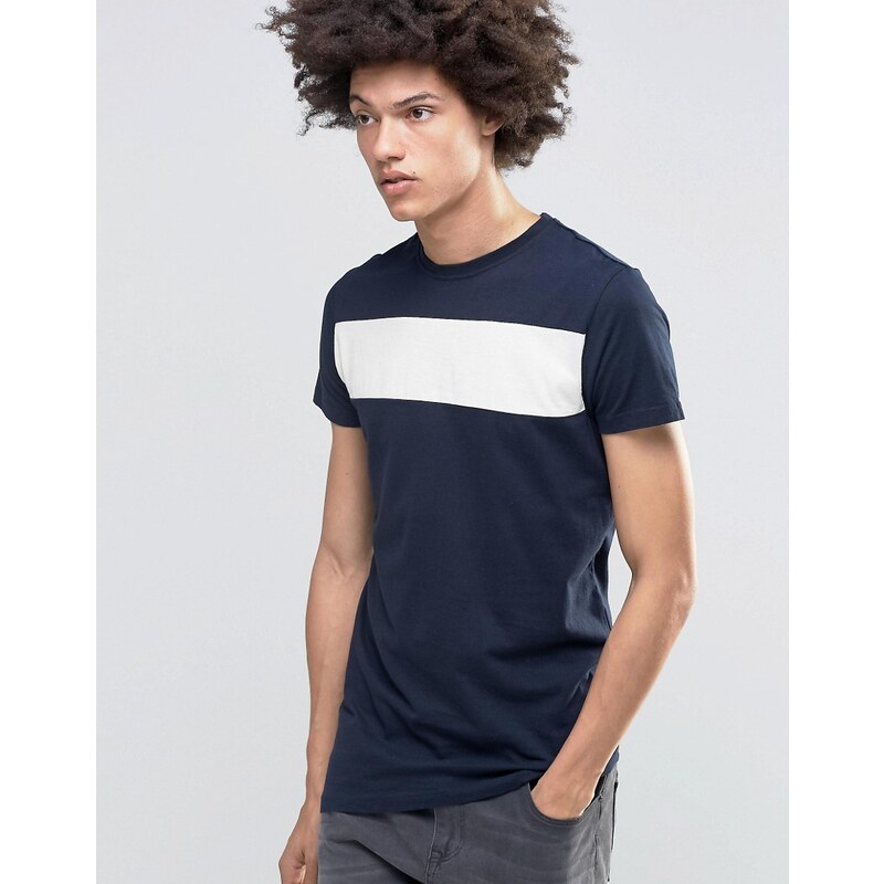 Kubban - Jeans-T-Shirt mit asymmetrischem Saum und Einsatz in Kontrastfarbe - Marineblau