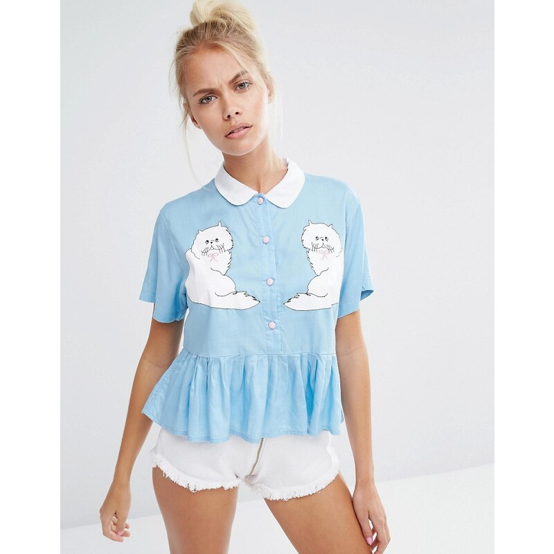 Lazy Oaf - Kurzes Shirt mit Schößchensaum und Kitty Friends-Print - Blau