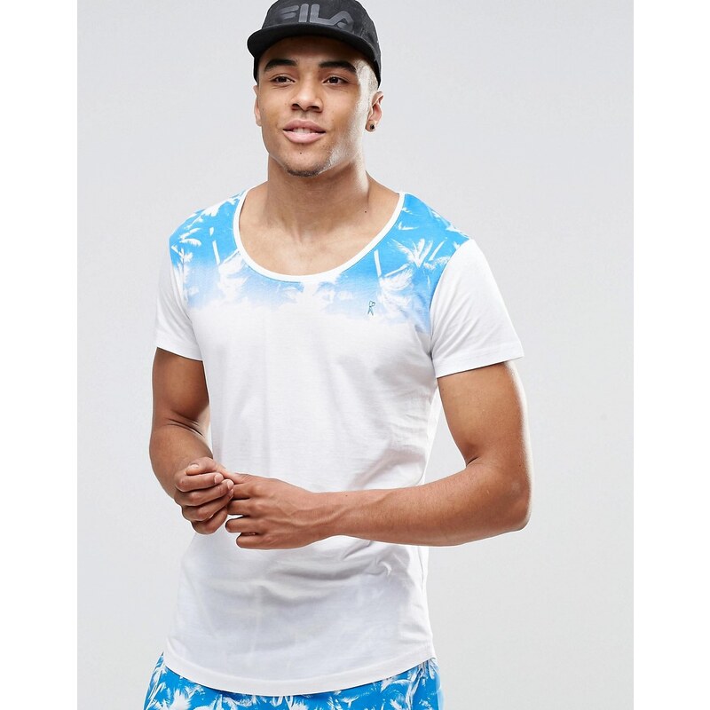 Ringspun - T-Shirt mit U-Ausschnitt und Strandmotiv, Kombiteil - Weiß