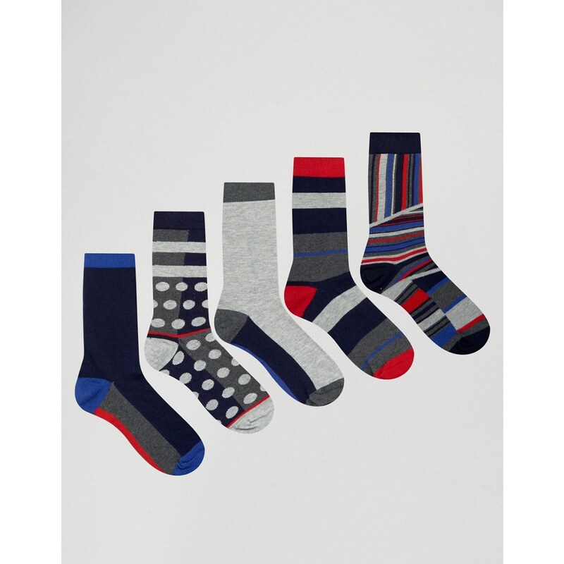 Urban Eccentric - Socken mit Punkten und Streifen im 5er-Pack - Mehrfarbig