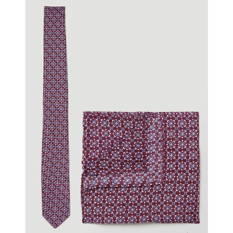 ASOS - Krawatte und Einstecktuch mit geometrischem Muster in Rot - Rot