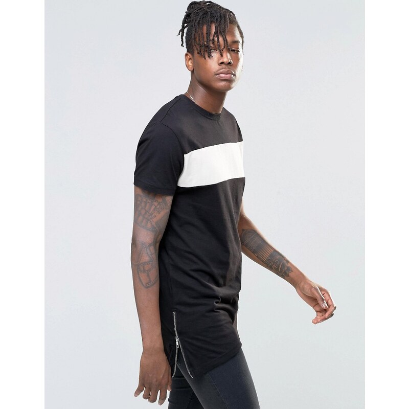 Kubban - Drapiertes, langes T-Shirt aus Denim mit seitlichem Reißverschluss - Schwarz