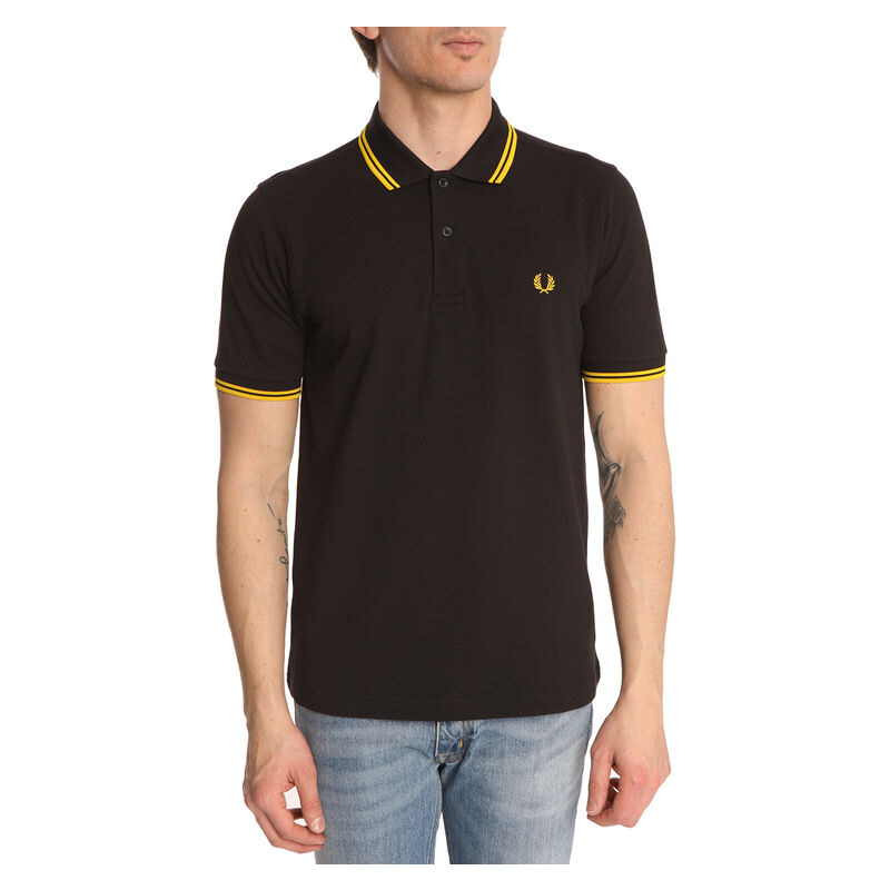 FRED PERRY Schwarzes Slimfit-Poloshirt mit gelbem Streifen