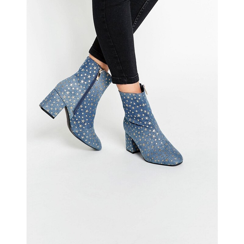Daisy Street - Ankle Boots aus Jeans mit Absatz und Sternenmuster - Blau