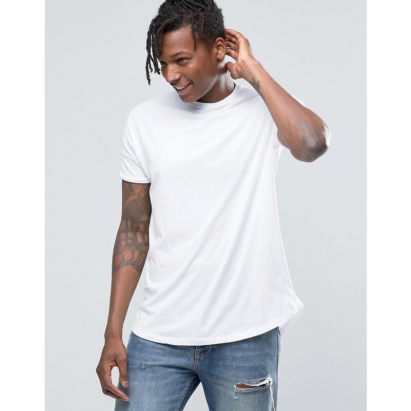 Pull&Bear - Lang geschnittenes T-Shirt mit Rundsaum, weiß - Weiß