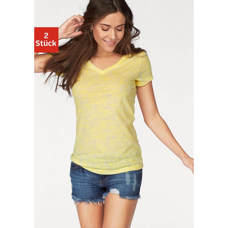 Große Größen: Beachtime V-Shirts (2 Stück) in Melange-Optik, gelb+anthrazit meliert, Gr.32/34-52/54