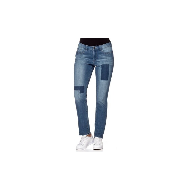 Damen Denim Schmale Stretch-Jeans mit Patches und Fransen SHEEGO DENIM blau 21,22,23,24,25,88,92,96,100,104
