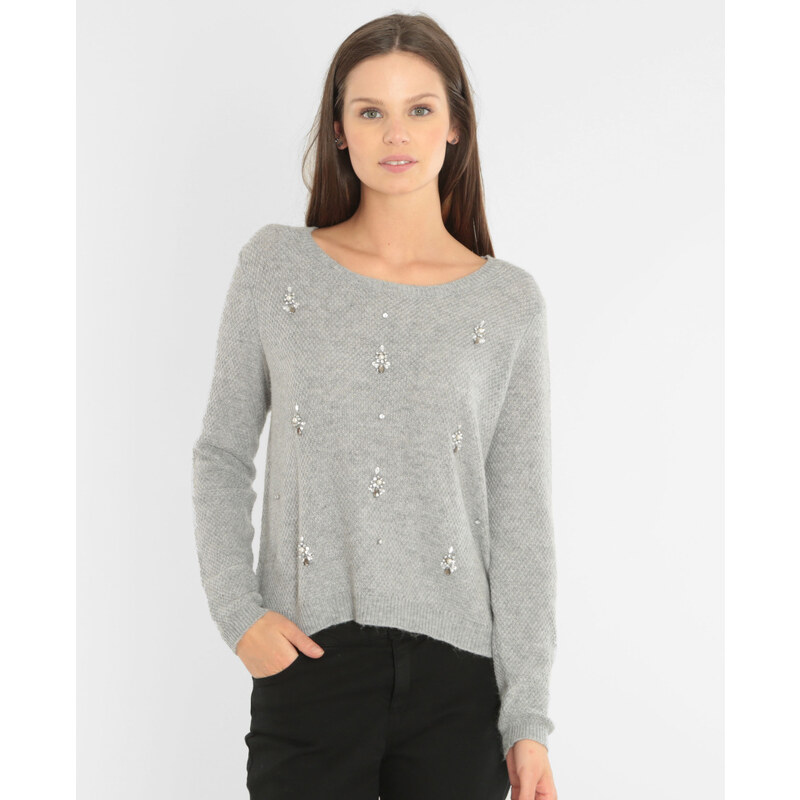 Pullover verziert mit Schmuck Grau meliert, Größe M -Pimkie- Mode für Damen