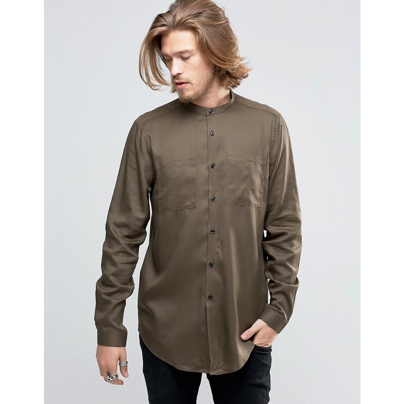 ASOS Regular Fit Military Shirt Drape Fabric With Grandad Collar Longline In Khaki - Grün