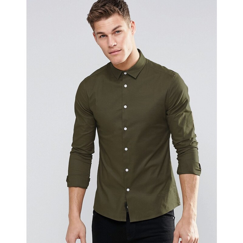 ASOS - Elegantes, eng geschnittenes Oxford-Hemd in Khaki - Grün