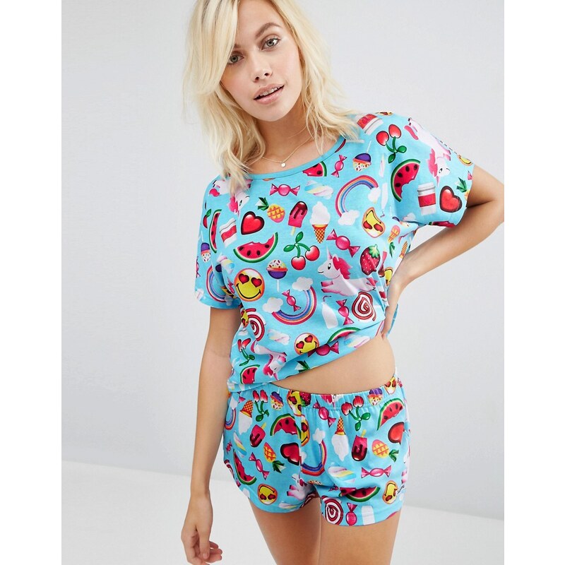 ASOS - Smiley World - Pyjama aus bedruckten Shorts und T-Shirt - Mehrfarbig