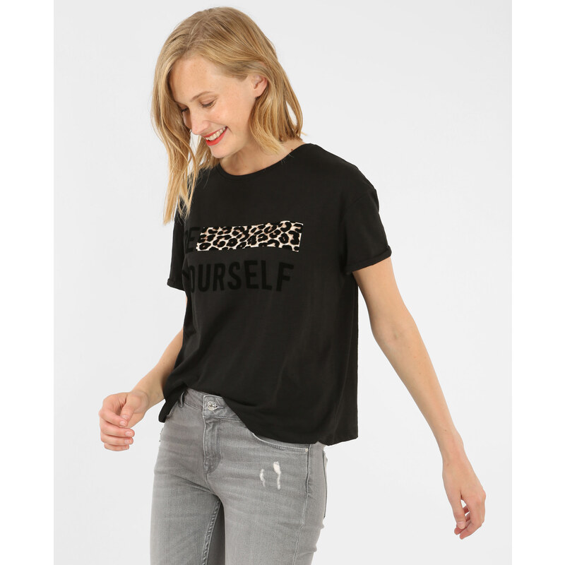 T-Shirt mit einem Streifen aus Leoparden-Print Schwarz, Größe S -Pimkie- Mode für Damen