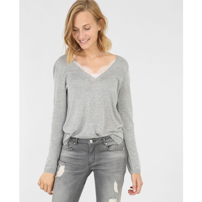 Pullover mit Verzierung aus Spitze Grau meliert, Größe S -Pimkie- Mode für Damen