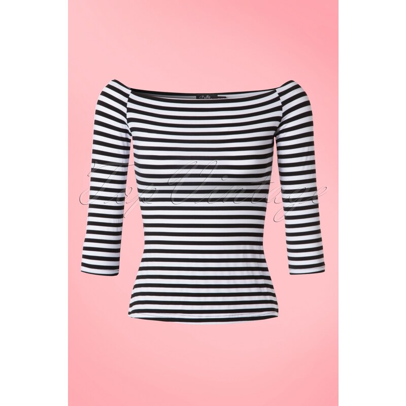 Dolly and Dotty 50s Gloria Off Shoulder Stripes Top in Black and White