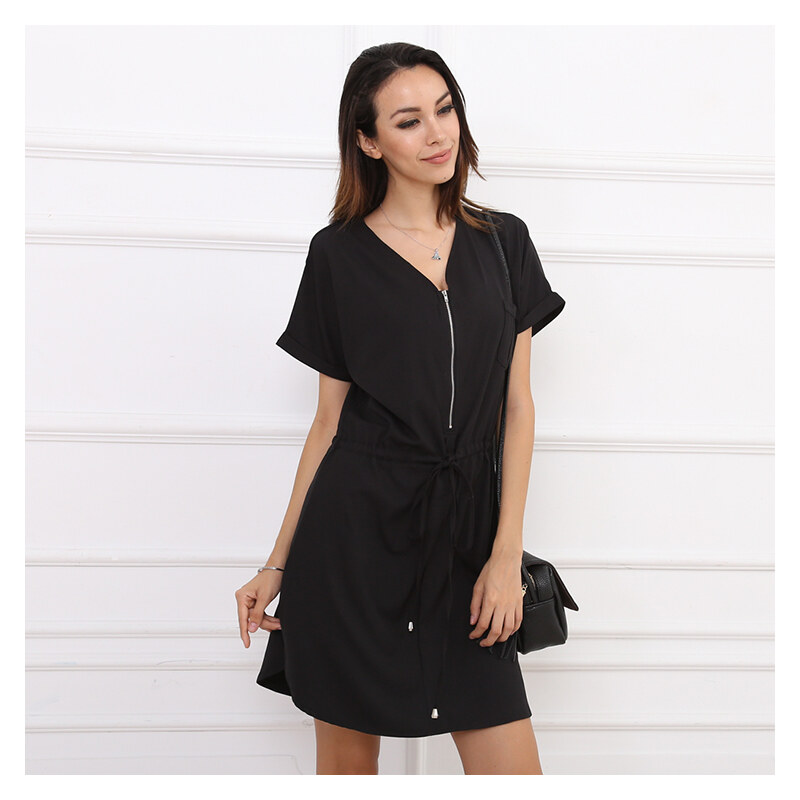 Lesara Kurzärmeliges Kleid mit Reißverschluss-Ausschnitt - Schwarz - M