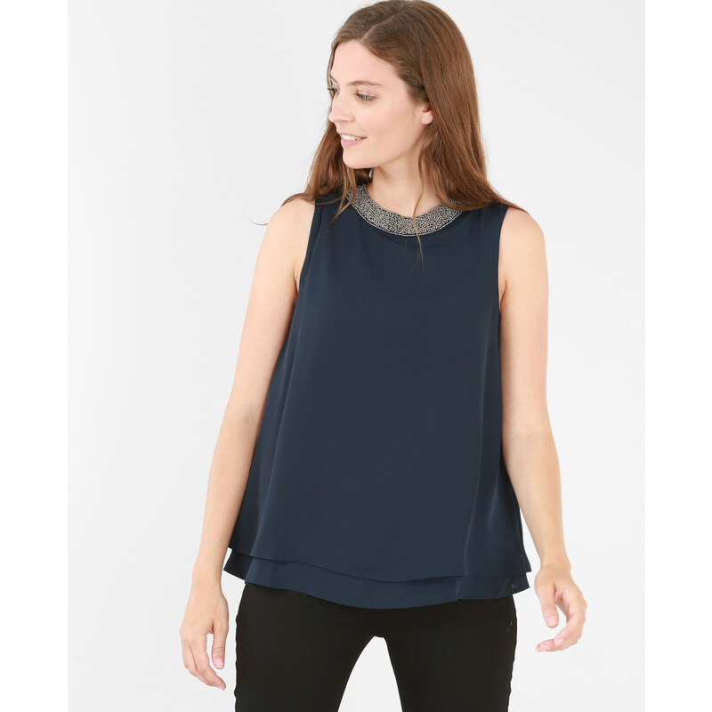 Bluse aus weich fließendem Material mit Schmuckelementen Marineblau, Größe L -Pimkie- Mode für Damen