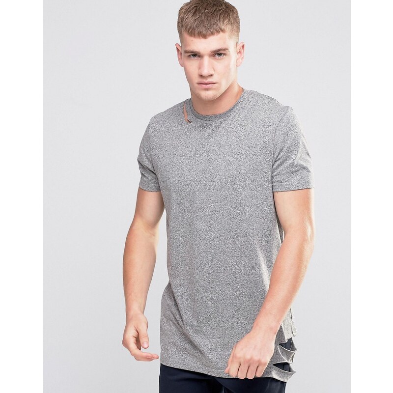 ASOS - Langes T-Shirt mit geripptem Saum und U-Boot-Ausschnitt - Grau