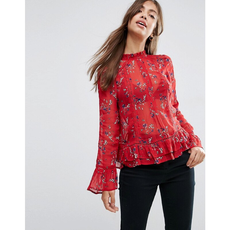 ASOS - Victoriana - Bluse mit Spitzeneinsätzen und Blumenmuster in Rot - Mehrfarbig