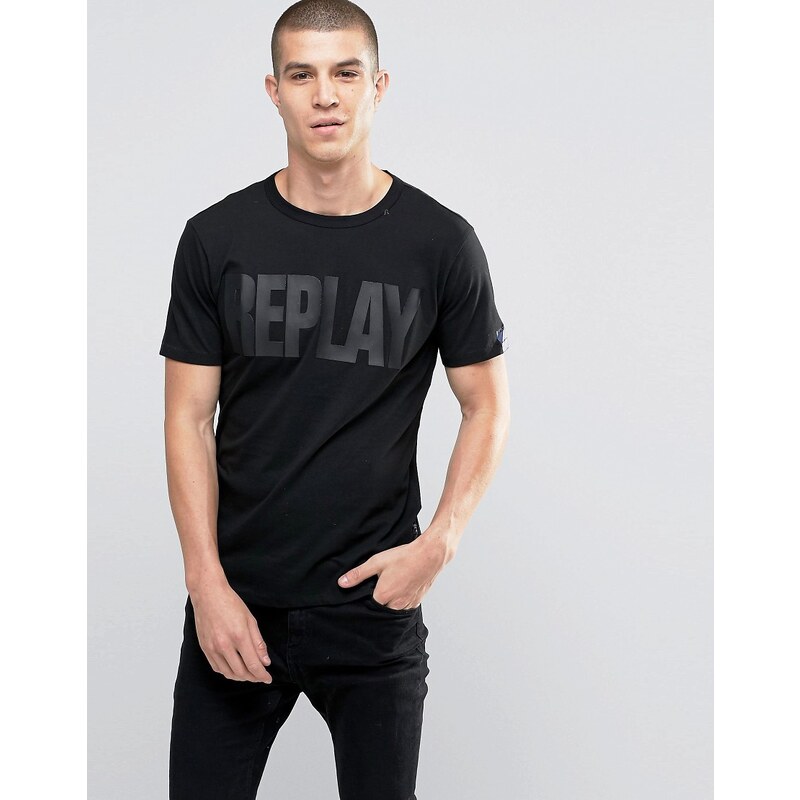 Replay - Schwarzes T-Shirt mit Ton-in-Ton-Logo - Schwarz
