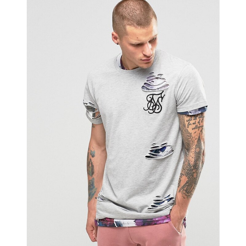 SikSilk - Doppellagiges T-Shirt im Used-Look - Grau