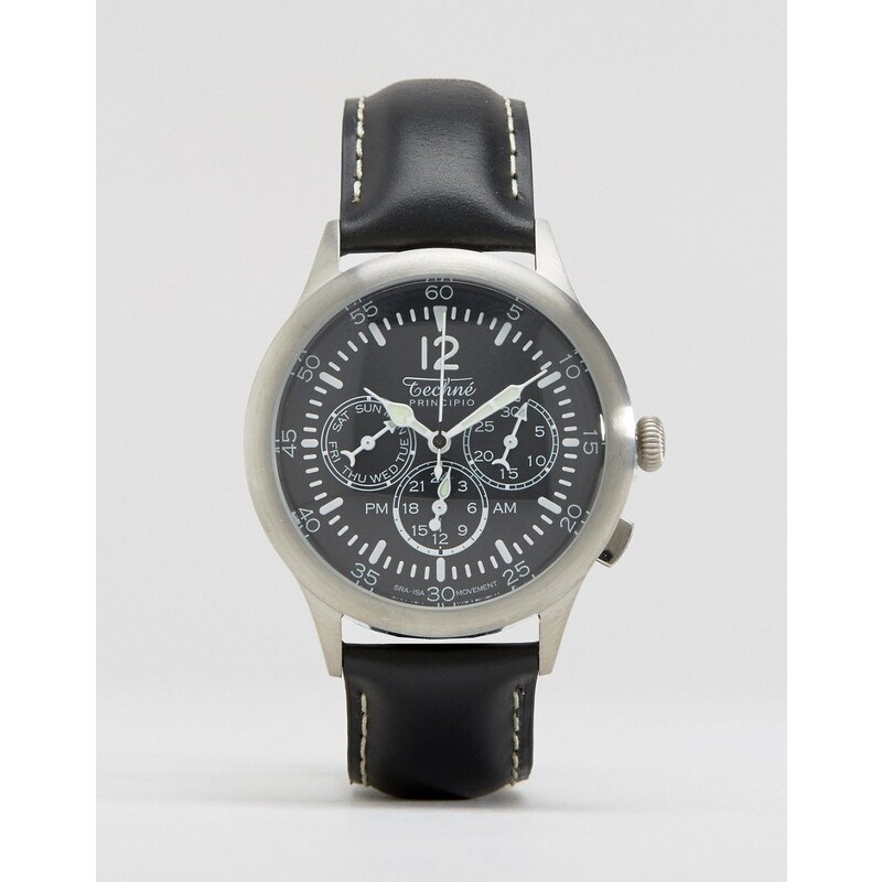 Techne Merlin - Chronograph-Uhr aus schwarzem Leder - Schwarz