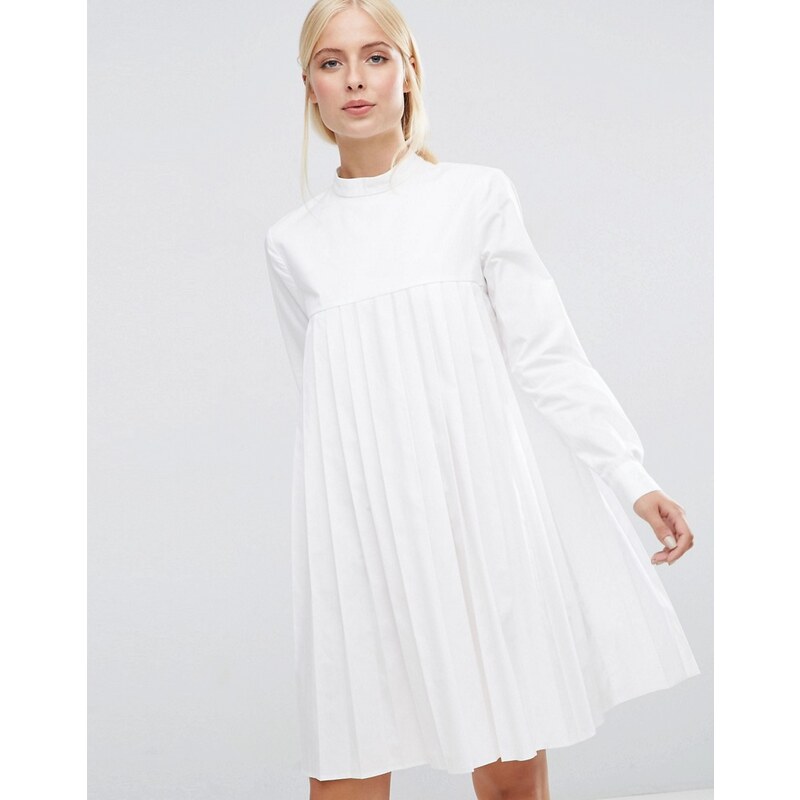 ASOS - Langärmeliges, plissiertes Kleid aus Baumwolle - Weiß
