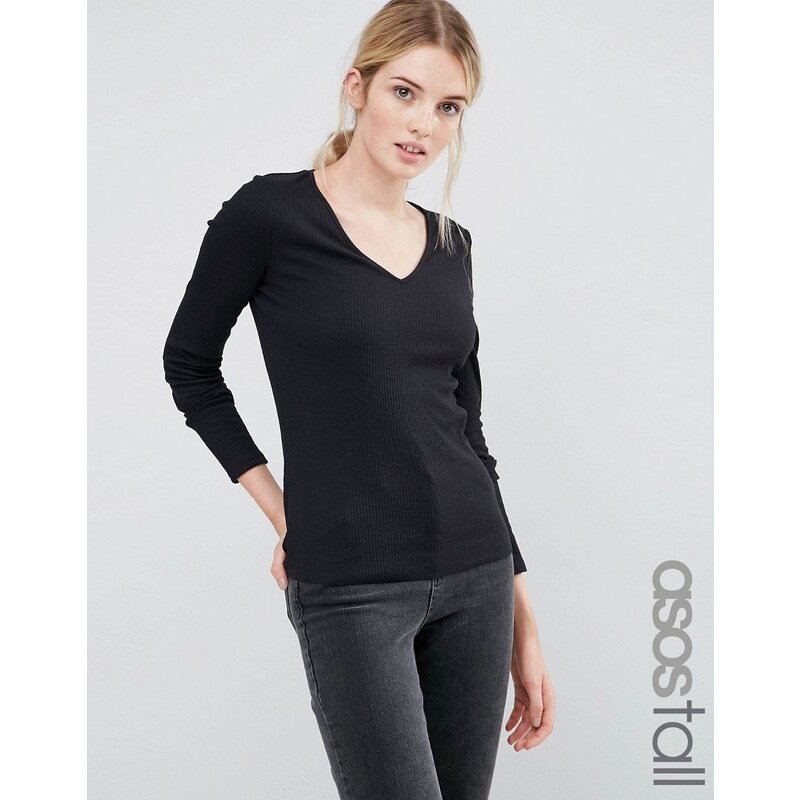 ASOS TALL - Figurbetontes langärmliges Shirt mit V-Ausschnitt und Noppenstruktur - Schwarz