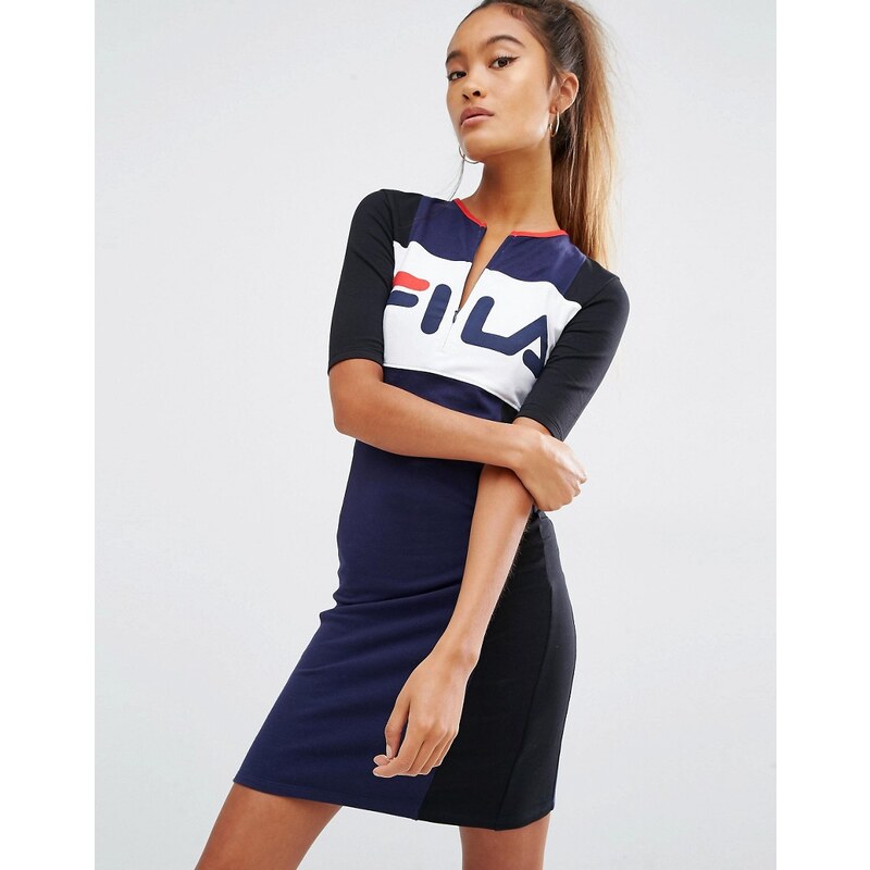 Fila - T-Shirt-Kleid mit Reißverschluss vorn in Colorblock-Optik - Schwarz