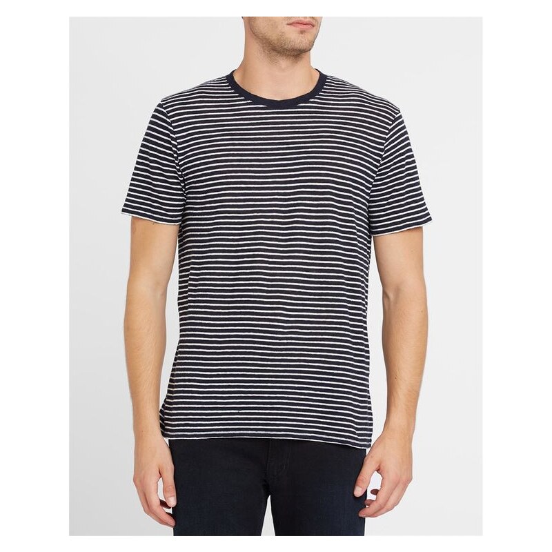 SANDRO Leinen-T-Shirt mit Rundhalsausschnitt und feinen Streifen in Weiß und Blau